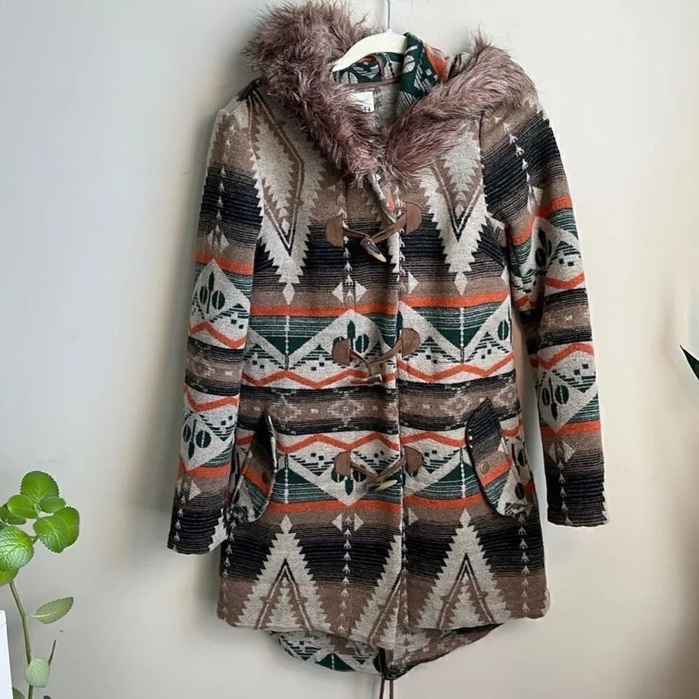 BB Dakota Navajo Bostwick Aztec Wool Faux Fur Southwestern Blanket Jacket Coat S